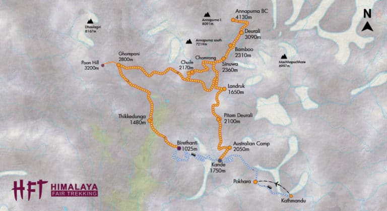 Grafische Darstellung des Tourenverlaufs des Annapurna Base Cam Treks