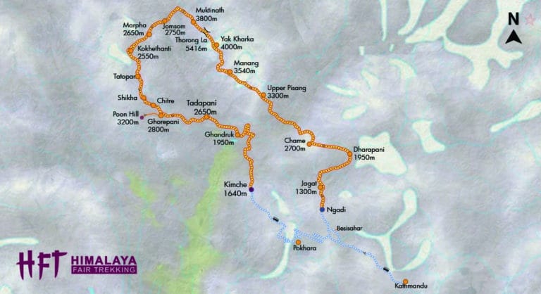 Nepal: Grafische Darstellung des Tourenverlaufs auf dem Trek rund um die Annapurna /Annapurna Curcuit