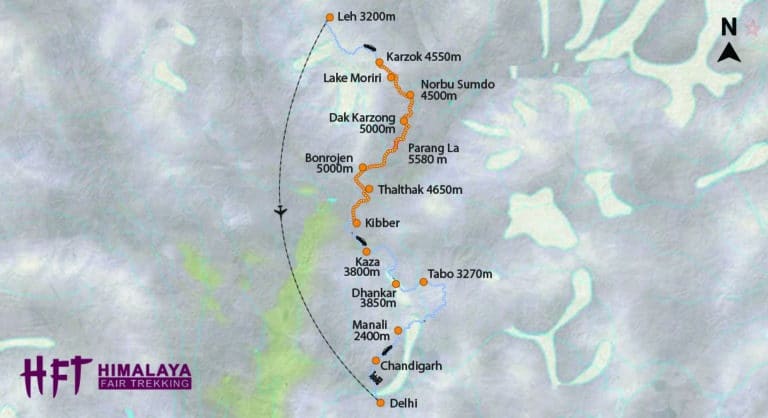 Indien/Spiti: Parang La Trek (T533) Tourenverlauf/Map